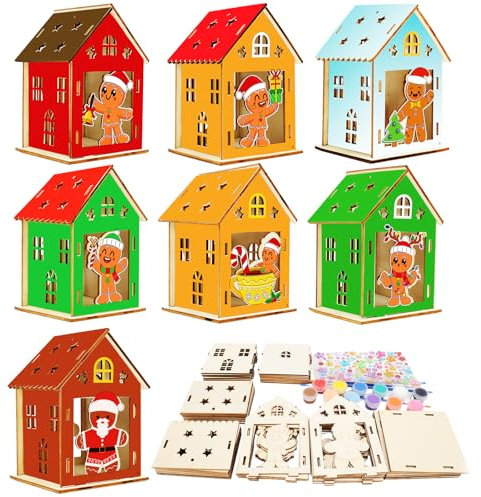 WEDNOK 7 Sets Lebkuchenhaus Bastelset Kinder Lebkuchenmann Holz Bausatz 3D Weihnachten Kreativsets Holzbausatz Basteln DIY Holzbastelset zum Bemalen für Jungen Mädchen Weihnachten