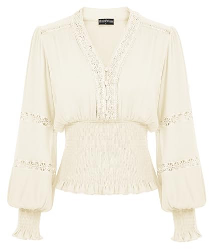 SCARLET DARKNESS Women’s Renaissance Blouse V Neck Long Sleeve Smocked Peasant Tops Cutout Pullover for Party Cream S