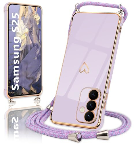 Micoden Handykette für Samsung Galaxy S25 Hülle, Necklace Handyhülle mit Band Kameraschutz Herz Love Design Galvanik Silikon TPU Case Kordel zum Umhängen Schutzhülle für Samsung S25, Lila