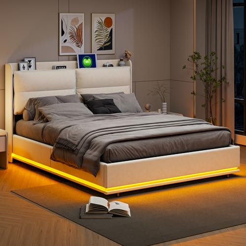 Polsterbett 140x200 cm, LED-Doppelbett mit Unterbettfläche und Lattenrost, Kopfteil mit USB-Ladefunktion und Stauraum, verdickte Rückenlehne, Stauraumbett, Funktionsbett, Beige, ohne Matratze