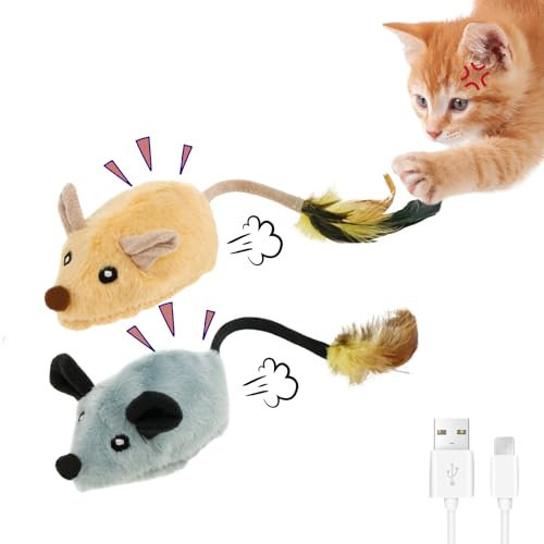 Katzenspielzeug Elektrisch Spielmaus mit Federschwanz Katzenspielzeug Maus Elektrisch mit LED Licht USB Realistische Mausgeräusche Interaktive Spielzeug Maus für Katze Hunde (Gelb+Grau)