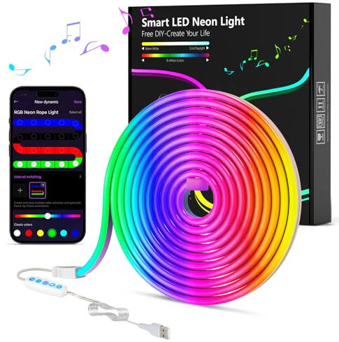 COLWINKU LED Neon Rope Lights, 9.9FT/3M RGB Strip Lights App Control, Music Syncing, LED Neon Lights Strip Flexible DIY Design for Bedroom, Living, Gaming, Kitchen, Indoor, Party Decoration