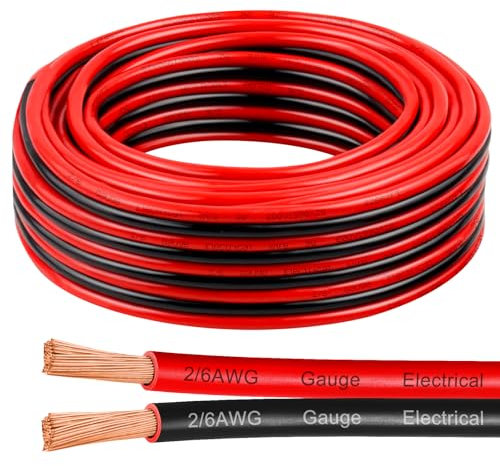 6 Gauge Wire 25 Feet, 6/2 AWG Pure Copper Wire, 6AWG 2 Conductors Red Black Oxygen Free Stranded Low Voltage Wire for Solar Panel, Automotive, Audio Auto, LED Lighting(6 AWG 25FT)