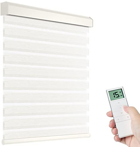 Tokblind Motorized Zebra Shades with Remote Control, Electric Dual Layer Sheer Roller Blind Work with Alexa via Hub, Smart Day and Night Horizontal Blinds for Windows, Customized Size (Texture Beige)