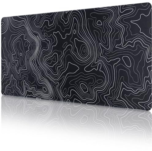 Niviy Gaming & Office Mouse Pad (900x400x3mm) - XXL Non-Slip Desk Mat with Stitched Edges & Rubber Base Mouse Pad - Black Topographic Checkered Mouse Mat for PC/Laptop