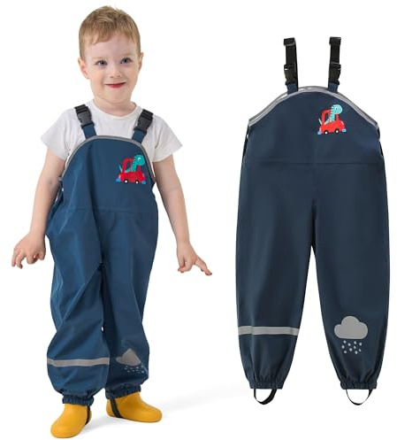 JinBei Kids Waterproof Dungarees Lightweight Rain Trousers Unisex, Age 2-7 | with Adjustable Strap, Foot Rope, Over Trouser Mud Windproof Overalls Rain Pants, Reflective Strip, School, Outdoor, Hiking
