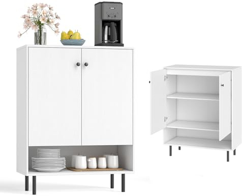 KOMFOTTEU Küchenschrank mit 2 Türen & 1 offenem Reagl, Sideboard mit verstellbaren Ablagen, Anrichteschrank Buffetschrank 75 x 35 x 95 cm, Aufbewahrungsschrank für Wohnzimmer, Esszimmer (Weiß)