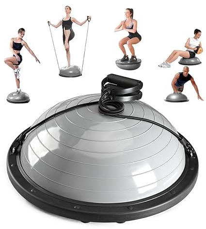 Half Balance Ball Trainer with Resistance Bands & Foot Pump, 18” Stability Trainer for Core Strength, Balance & Home Gym Workout Equipment(Grey)