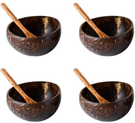 WANGCL 4 Stück Kokosnussschalen mit 4 Holzlöffeln, 500 ml polierte Kokosnussschalen für veganen Bio-Salat, Küchenaufbewahrung