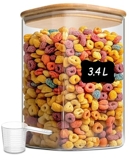 ComSaf Tarro de cristal con tapa 3,4 L, recipiente para despensa | Frascos de vidrio, Botes cocina almacenaje, Tapa de bambú, Comida para gatos, Polvo para desayuno, Tomillo seco