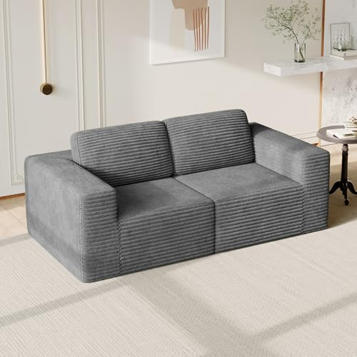 Vesgantti Modulares Cord-Loveseat in Grau, 202 cm mit Federkern & extra tiefer Sitzfläche, kompaktes 2-Sitzer Sofa für kleine Räume und Wohnungen, Flexibles Design, kein Aufbau nötig