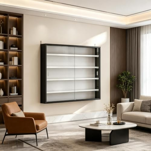 Wandvitrine Glasvitrine hängend Schiebetüren Schaukasten verstellbar | 80x9,5x60 cm, 4 Böden verstellbar, 2kg, Schwarz-Weiß. Hängevitrine für Sammlerstücke