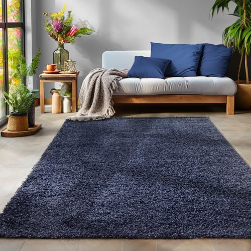 SIMPEX Flauschiger Teppich Wohnzimmer Schlafzimmer Läufer Flur Esszimmer Küchenteppich Hochflor Einfarbig Modernes Design 30 mm Florhöhe Kuschelweich, Marineblau, 300 x 400 cm