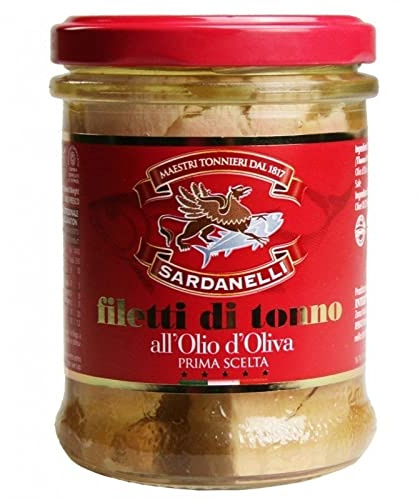 'Dose aus Glas von Thunfisch-Filets von Erste Wahl. Meister tonnieri Sardanelli. Produkt gearbeitet komplett in Italien VV. GR 200