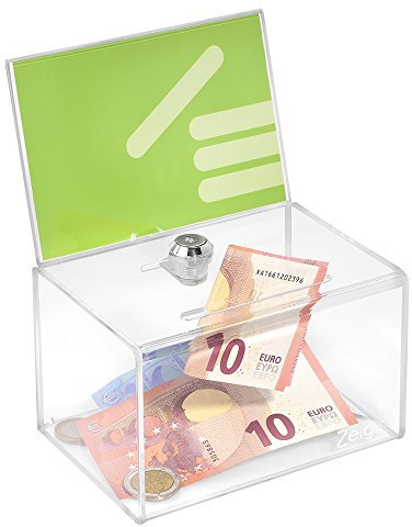 Zeigis® Spendenbox mit Plakateinschub in DIN A6 Quer mit Schloß/Aktionsbox/Losbox/Sammelbox/Acryl/Acrylglas