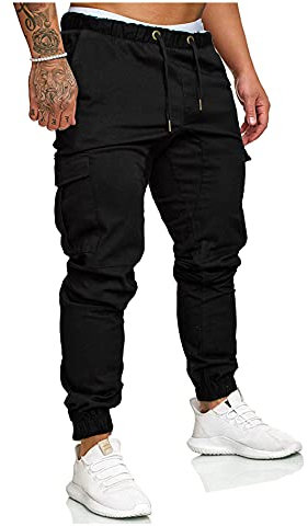 SOMTHRON Herren Elastische Taille Gürtel Baumwolle Jogging Sweat Hosen Plus Size Mode Lange Sports Cargo Hosen Shorts mit Taschen Joggers Activewear Hosen, Black, XXL
