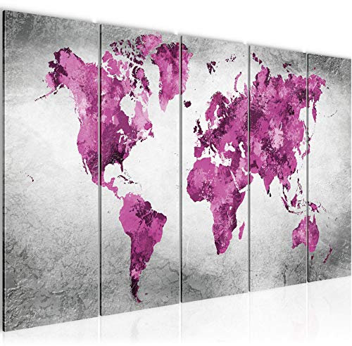 Runa Art Tableau mural XXL Carte Du Monde 200 x 80 cm Rose Gris 5 Parties - 013355c