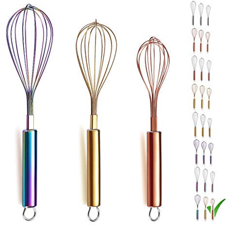 Berglander paquete de 3 batidores de acero inoxidable, batidor de oro de 8 , batidor de oro rosa de 10, batidor de arco iris de 12 , batidor de alambre, batidor de cocina (paquete de 3)