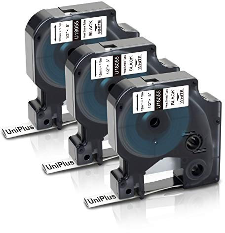 UniPlus Kompatibel Rhino 18055 S0718300 Schrumpfschlauch-Kabeletiketten für 5200 4200 5000 1000 3000 6000 (12mm x 1.5m, Schwarz auf Weiß, 3er Pack)