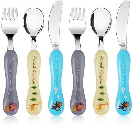 Lehoo Castle Couverts Enfant en INOX 6 PCS, Ensemble de Couvert Bebe 2 x Fourchettes, 2 x Couteaux, 2 x Cuillères, Couvert pour Enfant pour Garçons Filles(Règne Animal)
