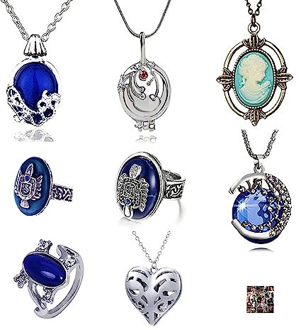 HJYZY 18 Stück Vampire Diaries Katherine's Cameo Anhänger Halskette Schmuck und Aufkleber Set Daylight Walking Signet Salvatore Damon Stefan Finger Familienwappen Ring für Fans
