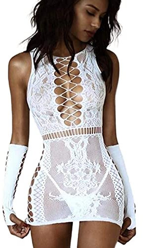Bommi Fairy Women Lingerie Fishnet Set Chemise + Sleeve Babydolls Mini Dress Mesh Sleepwear Free Size UK 4-20 (White)