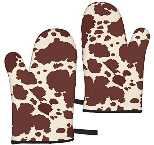 Ofenhandschuhe mit braunem Kuh-Druck, 2 Stück, Wärmedämmung, rutschfeste Handschuhe zum Kochen, Backen, Grillen, Grillen, Geschenke