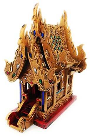 Longway-Buddha Geisterhaus Gold-antik San Phra Phum Spirit House ca.29 cm Höhe aus Thailand Zeremonielles Deko-Objekt Geschenkidee Talisman Glücksbringer reichlich dekoriert mit Spiegelsteinen