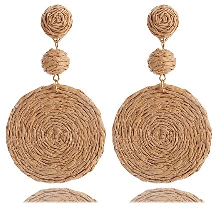 Rattan Earrings for Women Statement Boho Handmade Raffia Straw Wrapped Round Drop Dangle Earrings Summer Tropical Beach Jewelry Best Jewelry Gifts