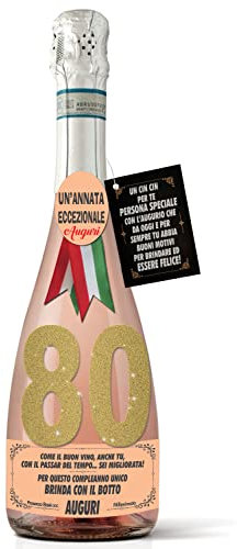 Bottiglia di Prosecco D.O.C. Millesimato Rosé per il compleanno dei 80 anni di un'amica