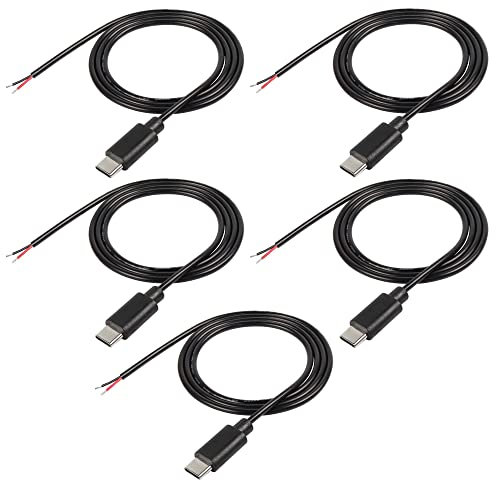 XMSJSIY USB-Typ-C-Pigtail-Kabel, Verlängerungskabel, Stromkabel, 22 AWG, 5 V, 3 A, USB-C-Stecker auf 2-poligen, blanken Draht, offenes Ende, für Heimwerker – 1 m/3,2 Fuß, 5 Stück (Typ-C-Stecker)