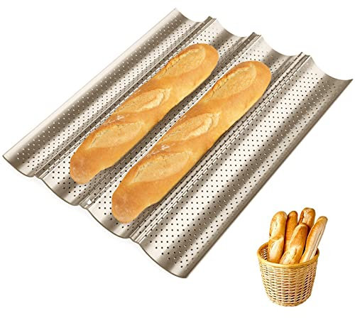ilauke Molde de Pan,Molde pan Baguette Dorada,Bandeja de Baguette con Revestimiento Antiadherente para 4 Baguettes, Acero Carbono Perforado Molde para hornear para Colocar y Hornear (37,8x32x3cm)