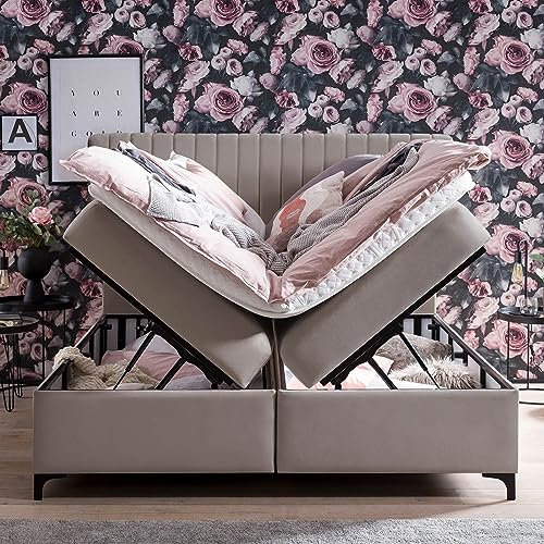 Boxspringbett mit XXL Bettkasten 200x200 Paris Velours, mit Visco-Topper, Pfeifensteppung, Doppelbett, 7 Zonen Taschenfederkern-Matratze, Aufbau KOSTENLOS (Taupe, 200x200 cm mit Topper)