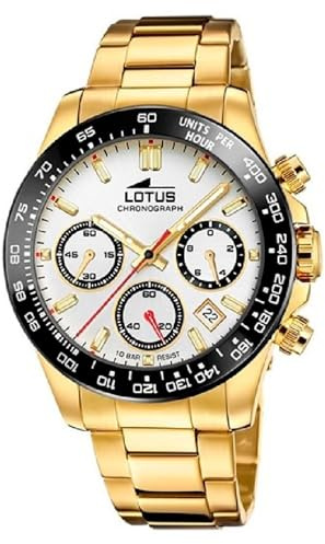 Lotus Herrenuhr Analog aus Edelstahl 316l Goldfarben | Quarzwerk, Chronograph, Kalender, Widerstandsfähiges Mineralglas, Wasserdicht 10 ATM 18914/1