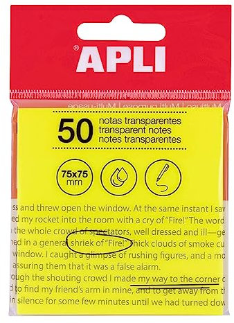 APLI 19569 - Note adesive trasparenti, 75 x 75 mm, colore: giallo, 50 fogli traslucidi resistenti all'acqua, ideali per studenti e insegnanti.