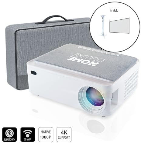 HOME DELUXE - Beamer LINO inkl. Leinwand und Beamerhalterung - Farbe: Weiß inkl. Stoffabdeckung, Lichtstärke: 400 ANSI Lumen, Full HD 4K, Android V9.0, WiFi 5G, Bluetooth 5.0 - inkl. Tragetasche