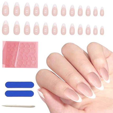 LINXINS French Tip False Nails, 24Pcs Long-Lasting Press on Nails with Glue Stick on Nails for Women French Stick on Nails in Various Sizes, Quality Fake Nails&Accessories Set