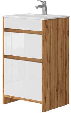 Vicco Badmöbel-Set Detmold, Goldkraft Eiche/Weiß Hochglanz, 2 Teile, mit Waschbecken und 2 Schubladen