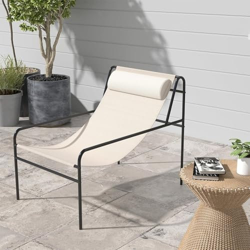 Multigot Garden Sling Chair, Outdoor Metal Frame Lounge Chair with Detachable Pillow, Patio Lawn Chair Leisure Recliner Armchair for Backyard Balcony Poolside