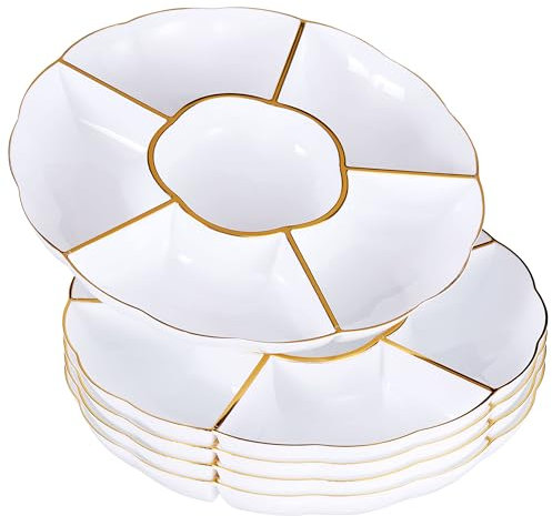 MATANA 15 White 6-Compartment Plastic Trays with Gold Rim, 30cm - 6 Section Food Serving Platters for Party Snacks, Appetizers, Fruits, Nibbles, Condiments - Sturdy & Reusable