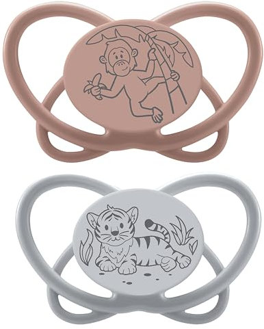 nip - Butterfly | 5-18 Monate | 2er Pack | Stillfreundlicher, zahnfreundlicher Babyschnuller inkl. Schnullerbox. Nachhaltiger Schnuller mit weichem Silikonsauger, Braun/Grau