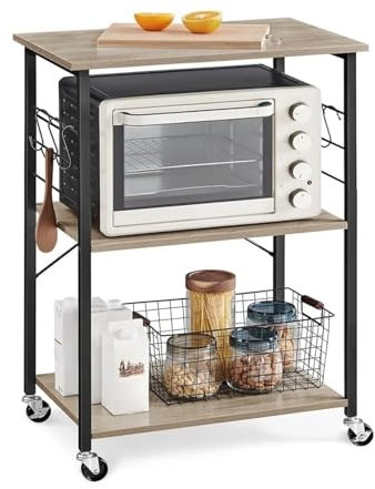 CLLBANT Kitchen Baker's Rack Kitchen Cart with 3 Shelves, for Mini Oven, Toaster, with 6 Hooks, Industrial Style, Greige, 15.7 x 23.6 x 35 Inches Shelf Organizer