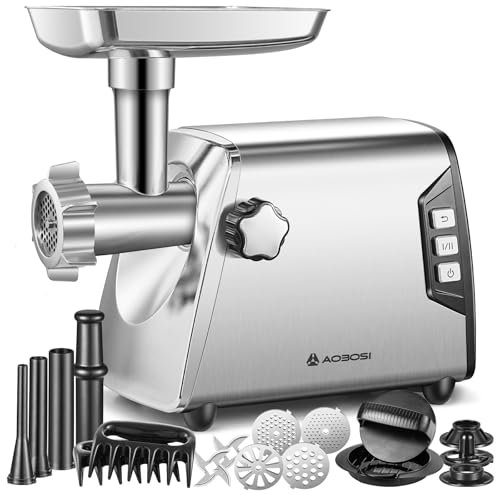 AAOBOSI Tritacarne #12, tritacarne elettrico a 3 velocità, carico pesante: 2 lame, 4 piastre, 3 riempitivi per salsicce, kibbe, clip per carne, pressa per hamburger (acciaio inox)