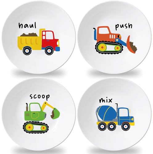 4 Set 10 Inch Construction Truck Plates Melamine Construction Truck Dinnerware Set Reusable Baby Shower Vehicle Melamine Plate Dishwasher Safe for Toddlers Creatively Drop Resistant Cute Plastic Dish