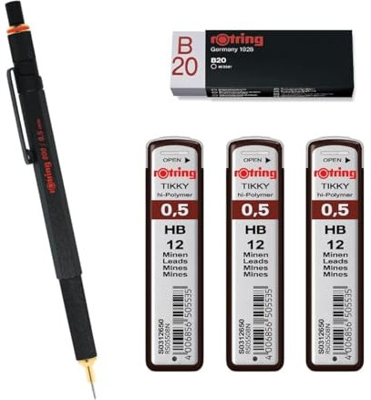rOtring Druckbleistift 800, 0,5 mm, 1904447, Schwarz, 3 x Tikky Minen, HB – 0,5 mm, Radiergummi B20