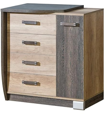 MINIO go for it - Kommode Romeo, 80 cm, Links, Highboard mit 4 Schubladen, mit 1 Tür, Farbe: Arusha/Canyon Eiche