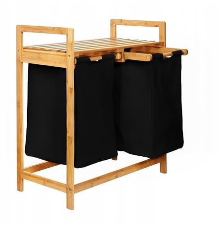 AD.CON Bambus-Wäschekorb mit Regal Wäschesortierer Badezimmer Wäscheregal Wäschebox 2 Fächer Wäschesack mit Ablagefläche Badregal 74x63,5x33 cm Schwarz