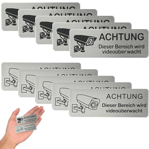 Lot de 10 panneaux de vidéosurveillance, 8,5 x 3 cm, autoadhésifs, en aluminium brossé, pour vidéosurveillance, pour l'intérieur et l'extérieur, inoxydable, noirs et blancs