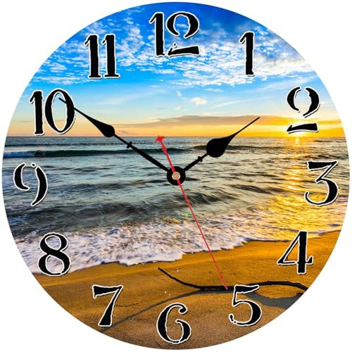 TAHEAT 20 cm Meer Strand Wanduhr, Klein Schöne Modern Badezimmer Uhr, Ohne Tickgeräusche Mediterrane Wanduhren für Wohnzimmer Schlafzimmer Küche