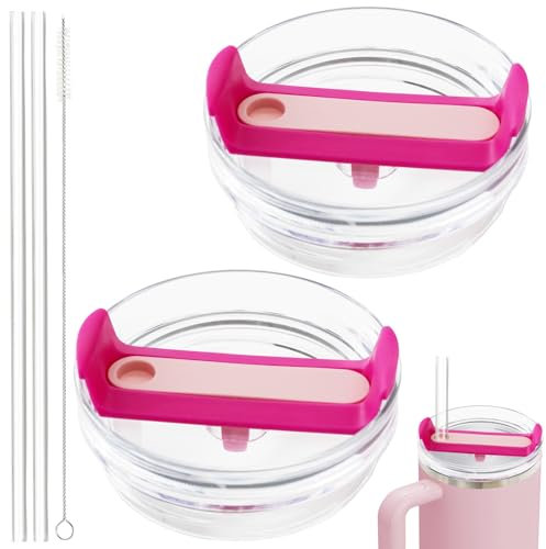 Stanley 40oz Tumbler Lid Compatible, 2 Pack Replacement Lids Fit for Quencher 2.0 40 OZ, With Straws and Cleaning Brush (Hot Pink)
